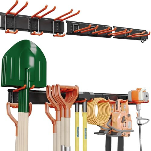 BONTEC Étagère de Rangement Pour Outils de Garage, Organisateur Robuste Pour Outils de Jardin avec une Capacité Maximale de 315KG, Porte Outils avec 8 Crochets Métalliques Réglables, Orange