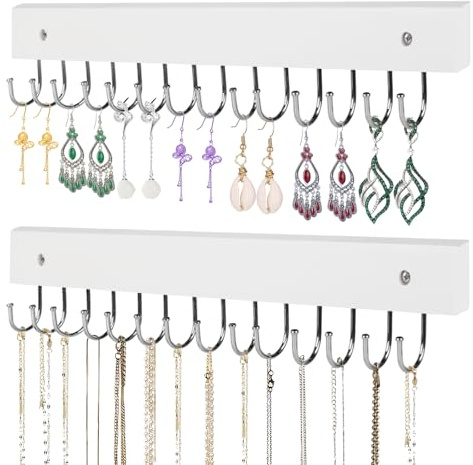 AnDock Necklace Holder Wall Mounted Jewelry Organizer - 2 Pack Wooden with 28 Hooks, Hanging Earring & Ring Bracelet Storage, Decorative Space-Saving Jewelry Display (White)