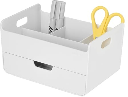 BLUE GINKGO Organisateur de Bureau Portable – 3 Compartiments Compacts, Demi-tiroir – Porte-stylos, Organisateur de Bureau pour Bureau, Maquillage, Loisirs créatifs (Fabriqué en Corée, Blanc)