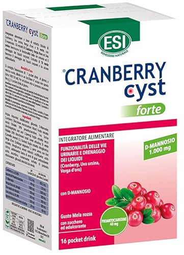 ESI, Cranberry Cyst Forte, Integratore Alimentare per la Funzionalità delle Vie Urinarie e il Drenaggio dei Liquidi Corporei, con D-Mannosio, a Base di Uva Ursina e Tè Verde, 16 Pocket Drink