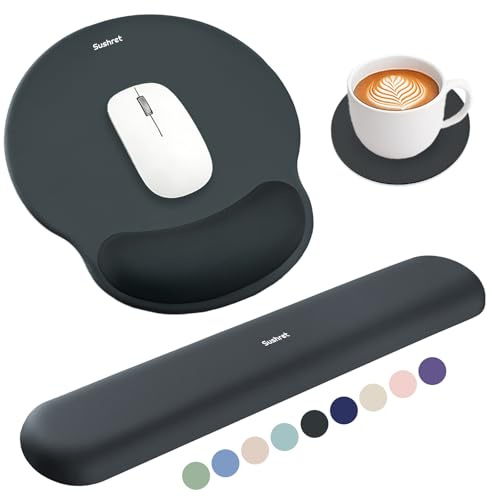 Sushret Mouse Pad and Keyboard Wrist Rest, 3-in-1 Gel Memory Foam Ergonomic Mouse Pad with Wrist Rest Set, Gaming Mousepad Arm Cushion Support for Computer Office Desk Accessories Cute Setup, Charcoal