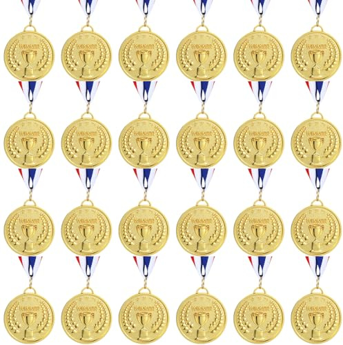 Quelay 24 Pcs Gold Award Medals 2 Inch Metal Winner Award Trophy Medals with Neck Ribbons Prizes for Students Adults Participation Competitions Sports Events