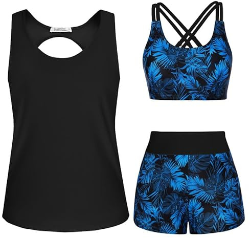 JASAMBAC 3-delad tankini-baddräkt för kvinnor badkläder linne med bikinitopp pojkshorts set, Mode blå palmblad, XXL
