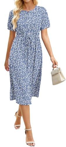 AUSELILY Vestido de verano de manga corta midi para mujer, casual, cuello redondo, lazo en la cintura, vestido acampanado con cordón, vestido camisero abotonado, XXL