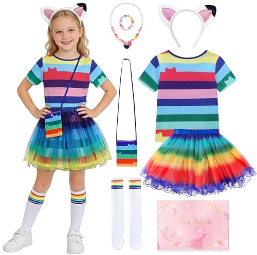 COYBTO Déguisement de Princesse pour Fille, Robe Tutu Arc-en-ciel pour Filles avec T-Shirt Bleu, Collier et Sac, Robe de Princesse pour Anniversaire Carnaval Halloween Cosplay (110)