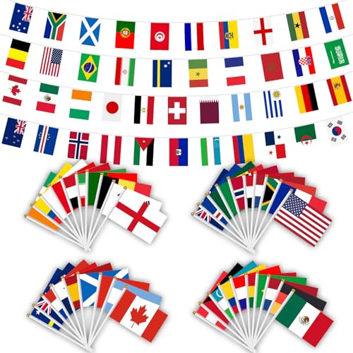 AhfuLife Drapeau pour Coupe du Monde Décorations, 48 Drapeaux du Coupe du Monde Bunting, 48 Petits Fanions de Pays pour Coupe du Monde de Football avec Mât, Maison, Bar, Déco de Football Fête