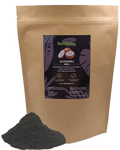 DeMainha® Polvo de carbón activo premium 400 g – 100% vegetal de cáscara de coco de Brasil ideal para desintoxicar, purificar, cuidar los dientes y mascarilla facial