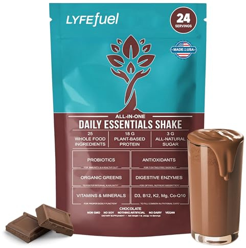 LyfeFuel Essentials Nutrition Shake | Plant Based Protein Powder Meal Replacement, 18g Vegan Protein Powder, 50+ Superfoods, 27 Vitamins & Minerals, Low Carb, Soy & Gluten-Free | 24 Servings Chocolate