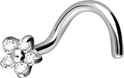 PIERCINGLINE Nasenpiercing TITAN BLUME mit 5 KRISTALLEN Piercing Nase Stecker Spirale Silberfarben Kristallklar
