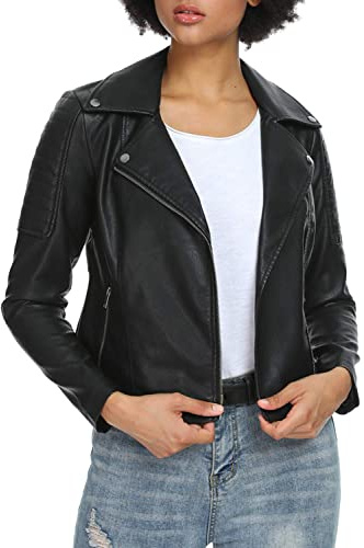 Fahsyee Läderjacka dam biker konstläder motorcykeljacka slim fit S-XXL, Svart-104, L