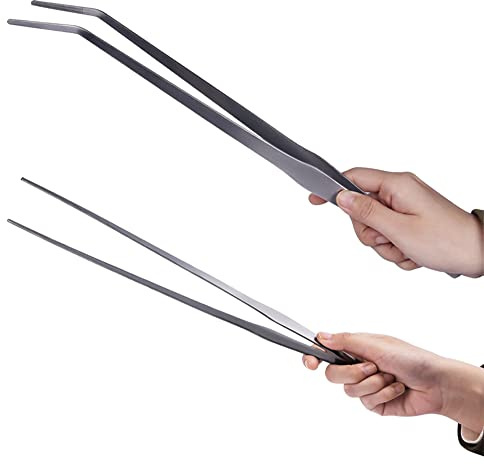 Firesteed Extra Long Handle Aquarium Tweezers Serving Tongs Feed clamp,2 Pack Stainless Steel Straight and Curved Tweezers Set for Fish Tank Plants Reptile Feeding Tongs（15 Inchs）
