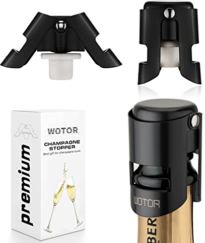 WOTOR 3 Piezas Tapon Botella Cava de Acero Inoxidable, Tapón de Champán con Boca Sellada de Grado Alimenticio, Tapon Prosecco, Evitar Fugas y Mantenerse Fresco (Negro)