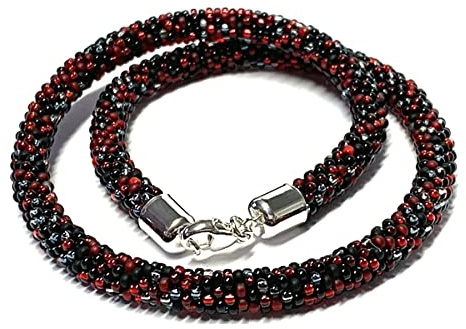 Kette gehäkelt Glasperlen 925 Silber Schließe Handarbeit Unikatschmuck Häkelkette 48cm schwarz rot