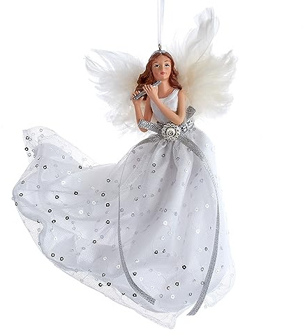 Kurt S. Adler Elegant Whimsical Ballerina, Fairy, Angel Ornaments (Silver and White 7 Flying Angel Ornament J8809)