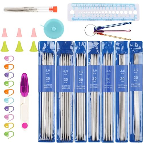 Aililong Juego de 35 agujas de tejer de doble punta, 2,0-5,0 mm, juego de agujas de metal de 20 cm, agujas de tejer cortas y rectas para calcetines, incluye accesorios de punto.