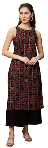 Globus Women's Casual Black Cotton Straight Kurta Set with Sleeveless Boat Neck Kurta and Elasticated Trousers