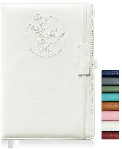 Qefuna Cuaderno de notas para mujeres y hombres, 256 páginas A5 cuadernos de notas de cuero, diario de rayas/cuaderno con papel 100Gsm, soporte para bolígrafo 5.8×8.4(Blanco)