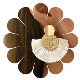 Inateannal Boucles d'Oreilles Pendantes à Pampilles en Éventail - Disque Rond, Fil Blanc, Circulaire Martelé pour Femmes et Filles