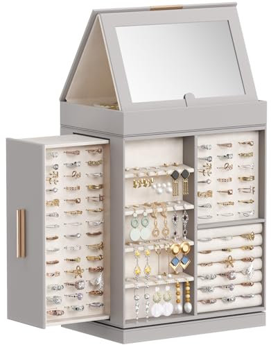 Lifewit Boite a Bijoux Rotative 360°, Coffret Bijoux Femme avec Miroir Réglable et Design Magnétique, Grande Organisateur Bijoux pour Bague, Collier, Boucle d'oreille, Idee Cadeau Femme, Gris