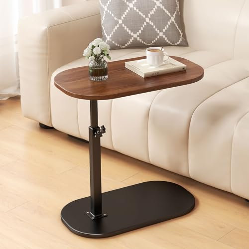 Adjustable Height C Shaped Side Table, 360°Swivel Laptop Tv Tray Desk for Couch and Bedside, Lifting Narrow Coffee Dinner Table for for Living Room Bedroom, Small Under Sofa Table(walnut)
