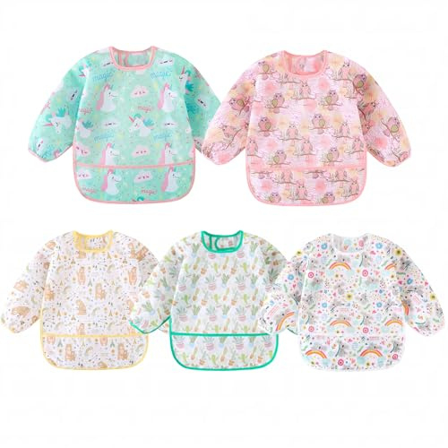 Yunguui Long Sleeve Baby Bib, Lightweight Waterproof Sleeved Bib Smock for Baby Toddler 3-30 Months