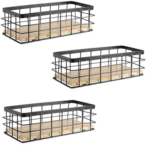 Gzsekken Wire Storage Basket Bins Organizer,Metal Small Basket Wall Mounted with Wood Base Bathroom Storage Organizer Bin Basket for Kitchen Cabinets, Bathroom, Pantry, Garage, Laundry Room-3Pack