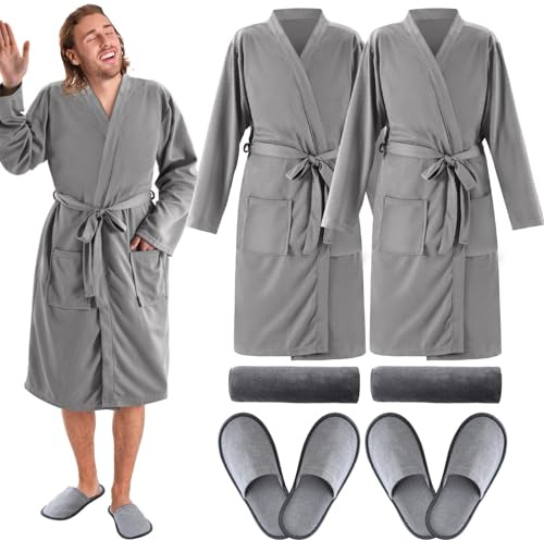 Handepo Juego de 6 batas de baño de punto gofre ligeras con pantuflas, toallas de pelo para parejas, batas de baño de punto para él y ella, Gris, Large