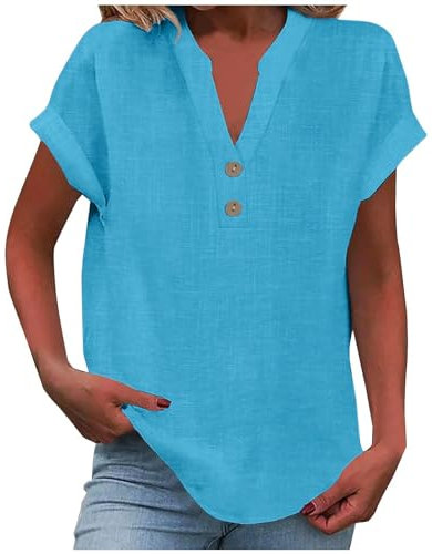 Womens Tops, Ladies Tops Women Women's Summer Cotton Linen Cap Sleeve T-Shirt Button V Neck Tunic Top Fashion Baggy Solid Plain Casual Shirts Trendy Blouse Sky Blue