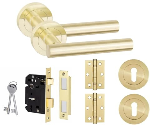 Golden Grace Straight T-Bar Design Key Lock Door Handle Set Hinges and Mortise Lock Satin Brass