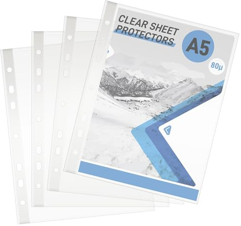JIANTA Fundas Plástico A5 Transparente Perforada, 60 Fundas Transparentes A5 Archivador de Plástico PP, 80µ para cuadernos y carpetas A5 escolares, universitarios y de oficina
