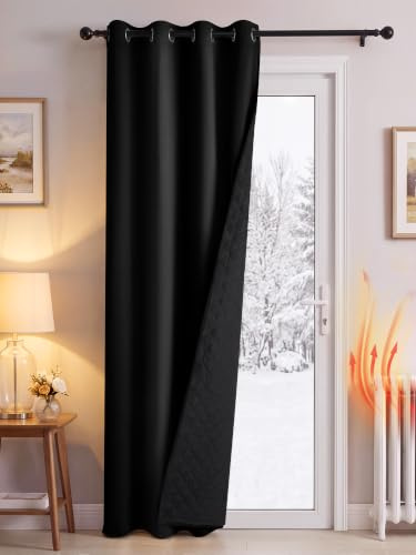 PONY DANCE Thermal Door Curtain with Quilted Black Lining, Black, 55x84 | 100% Blackout Heavy Eyelet Curtain for Winter, Double Layer Drape for Living Room & Bedroom, Energy Saving & Privacy, 1 Panel