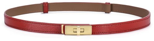 HATOFES Women Ladies Adjustable Skinny Leather Belt Solid Alloy Turn Lock Slim Thin Waist Belt Waistband Decorative Belt For Dresses Jeans Pants (Red/Gold)