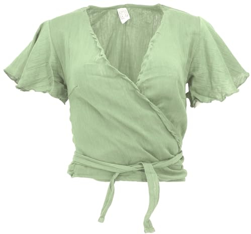 GURU SHOP Boho - Blusa avvolgente in cotone, da donna, verde, 46