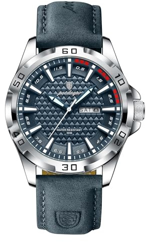 Poedagar Orologio da polso da uomo, di lusso, impermeabile, luminoso, con data, settimana, per lavoro, grande quadrante, al quarzo, sportivo, in pelle, Argento blu