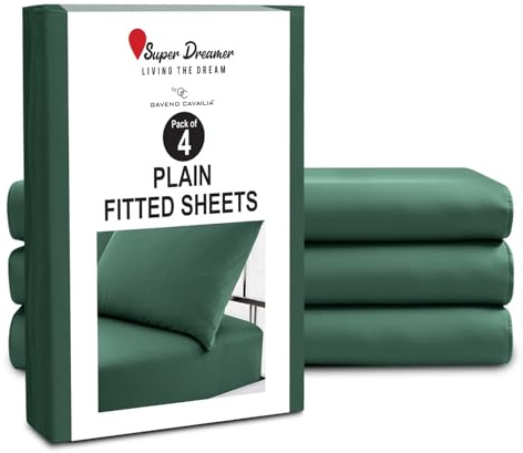 GC GAVENO CAVAILIA Microfiber Fitted Sheet Single - 4 Pack Plain Bed Sheets - Deep Pocket 10 inch (25cm) - Shrinkage, Fade & Wrinkle Resistant Bottom Sheet, Fit to Mattress (91x190 cm) - Dark Green
