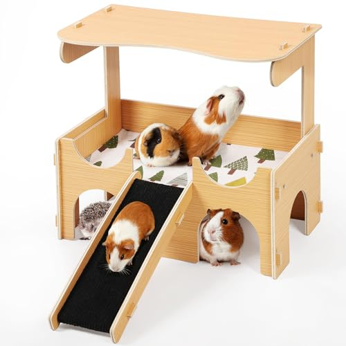Wooden Guinea Pig House, Hideout Hut with Cave Stairs, Detachable Castle with Ramp, Small Animal House Habitat with 4 Entrances for Rat, Hamster, Hedgehog Hiding and Playing