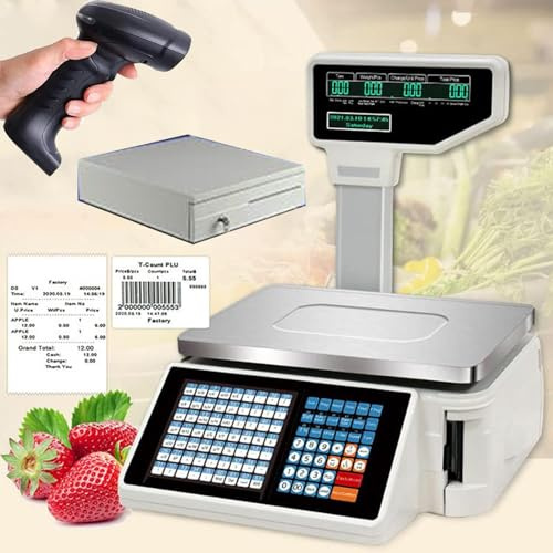 Dual Display Counting Scale with Label Printing and Barcode Scanner, Cash Register Scale for Supermarket Retail Point of Sale