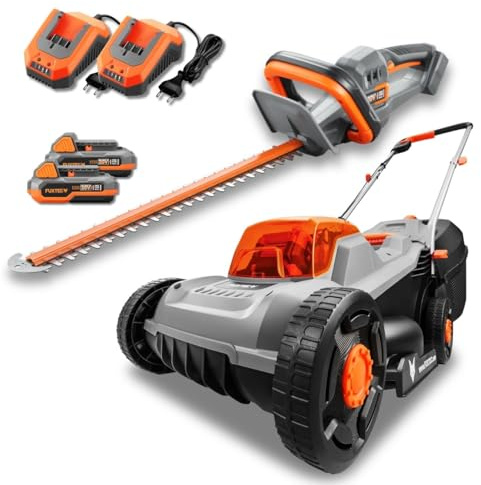FUXTEC 20V Set de jardín inalámbrico FX-E1RM20ECO & FX-E1HS20 – cortacésped 30 cm, Cortasetos 52 cm, 2 baterías 2Ah + Cargador, recogedor 30 L