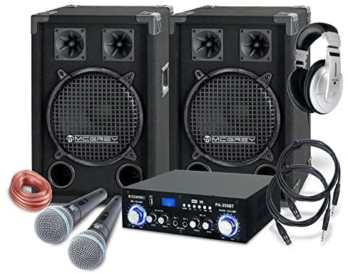 McGrey DJ Karaoke Set PA Party-1200: 2 Altavoces 400W, Amplificador Bluetooth, Cable Altavoz, Auriculares, micrófono, Pinza, Adaptador, Estuche y Cable micrófono.