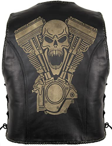 MDM Chaleco de Cuero para Moto Hombre, Chaleco Biker Negro con Grabado Láser de Calavera, Chaleco sin Mangas con Hebillas y Cordones Laterales (FR/ES, Letras, S, Regular, Regular)