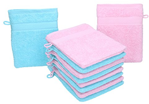 Betz Waschhandschuhe Palermo 10 Stück 16x21 cm – 100% Baumwolle 360g/m² – Weiche Frottee Waschlappen – Pflegeleicht & saugstark – Farbe Rosé/Türkis