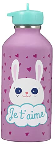 DRAEGER PARIS 1886 - Gourde Enfant Acier Inoxydable 300ml - Design Animaux Mignons - Message Je T'aime - Pour École & Parc - Nettoyage Facile - Violet - 17x6,5cm - Bouteille Réutilisable & Sûre