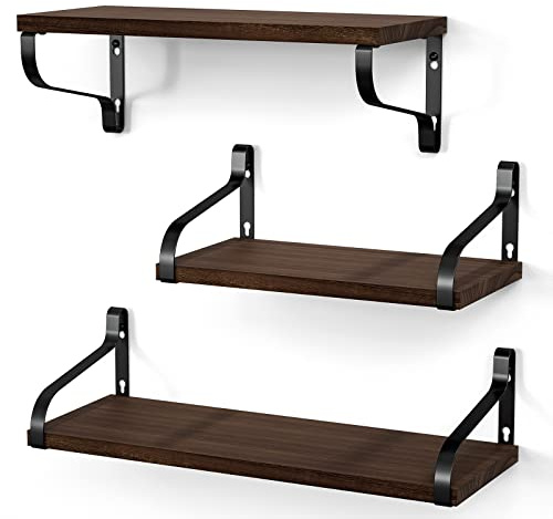 Love-KANKEI Floating Wall Shelves with Brackets, Dark Walnut Paulownia Wood | Wall-Mounted Shelf Set, 18kg Capacity per Shelf, 3 Sizes Included, Three-Way Bracket Mounting, for Bedroom, Bathroom, Kitchen