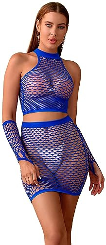 Walang Damunderkläder fisknät underkläder bodysuit nät topp + wrap kjol sexig hand strumpor miniklänning party ihåliga outfits exotisk set