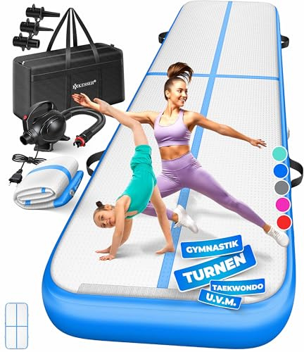KESSER® Tapis de Gymnastique | Tapis de Fitness Gonflable Airtrack | Tapis de Gymnastique 3/4/5/6 m | Sac de Transport et Batterie électrique (Bleu, 200 x 100 x 10 cm)