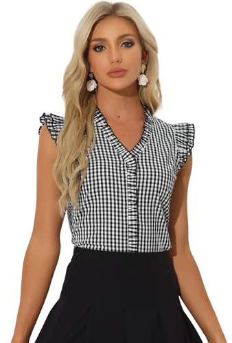 Allegra K Chemise à Carreaux Femme Haut Vintage Classique Manches Capes Blouse à Volants Chemisier Col en V d'Été Noir XS