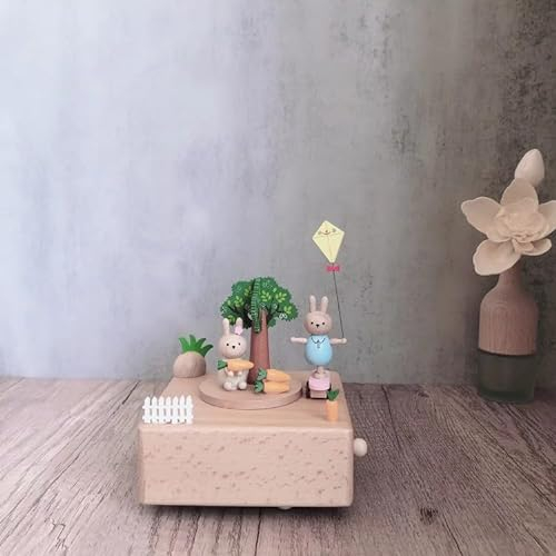 QNINE Carillon Coniglio e Skateboard in Legno di faggio Carillon con canone Re Maggiore, Giocattolo in Legno, Regalo per Compleanno, San Valentino, Natale, Pasqua