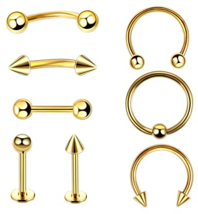 Lot de 8 piercings en acier chirurgical 16 g - En argent chirurgical - Forme droite - Fer à cheval - Langue - Mamelon - Sourcil - Boucles d'oreilles - Cartilage - Bouche - Bijou pour homme et femme,