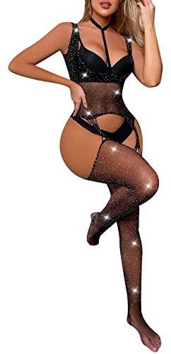 bodystocking femme collant curvy en Résille strass lingerie sexy femme coquine hot combinaison moulante sans manches body sexy femme érotique filet bodysuit bas sous vetement pas (Black, One Size)