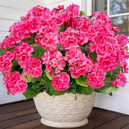 TURNMEON Artificial Geraniums Flowers for Outdoors Summer Decoration, 4 Bundles Fake Flowers Silk Pink Flowers UV Resistant No Fade Faux Plants for Planter Gardens Table Porch Indoor Cemetery Decor